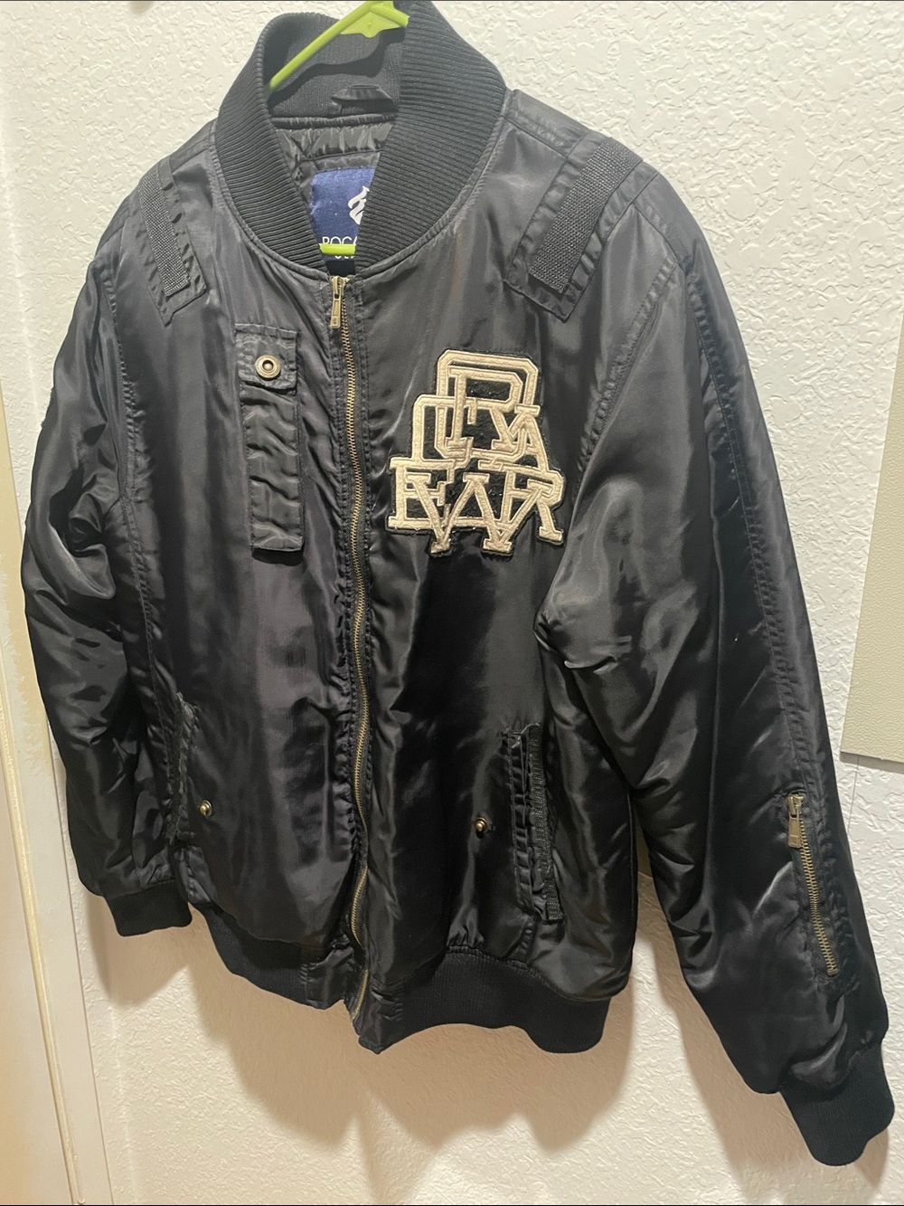 Men Rocawear Black Satin Bomber Jacket with Cream Logo Patch